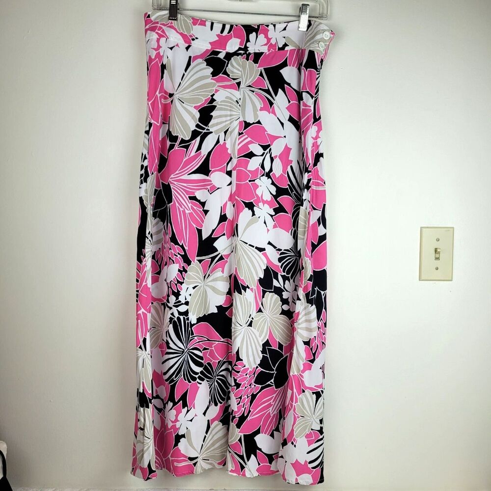 Christopher & Banks Floral Midi Skirt Pink Black White Tan Tropical vacation 10
